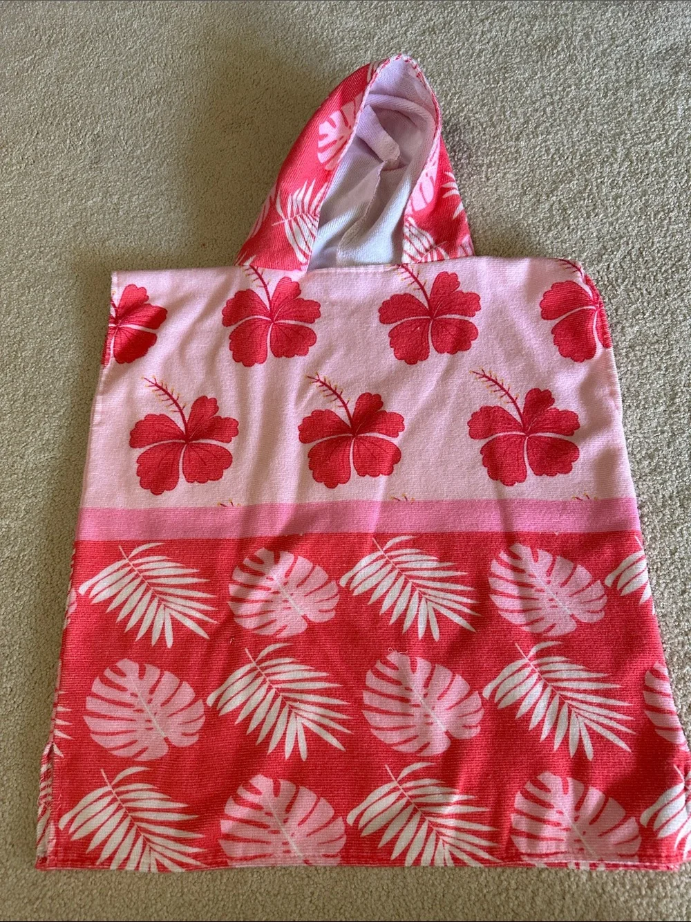 Kids Hooded Beach Poncho - White with Multicolor Rainbows and pink floral